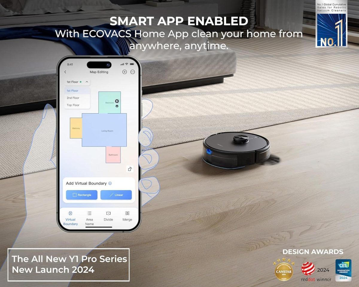 ECOVACS Deebot Y1 Pro 2-in-1 Robot Vacuum Cleaner, 6500 Pa Powerful Suction, 5200 Mah Battery, Covers 3500+ Sq. Ft. in One Charge, Advanced Navigation Technology & True Mapping, 330 Minutes Run-Time - Image 7