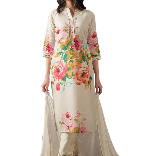 INDO ERA Women's Linen Printed Straight Kurta and Pant with Dupatta Set(KH9OW7981)