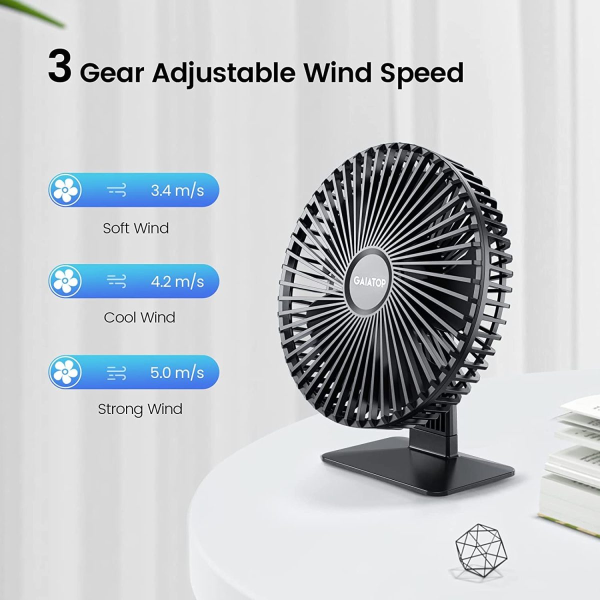 Gaiatop Small Table Fan, 6.5 Inch Ultra-quiet, 90° Adjustment for Better Cooling, 3 Speeds Portable Mini Powerful Desktop Table Fan, Small Personal Cooling Fan for Home Office (Black leaf) - Image 5