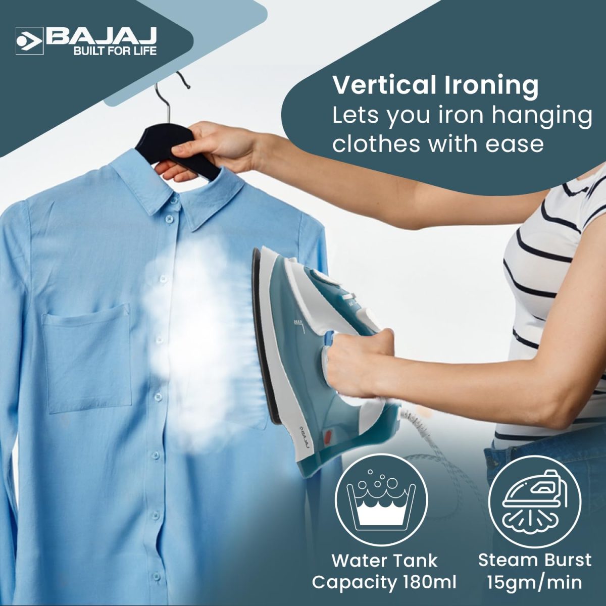 Bajaj MX 3 Neo Steam Iron | 1250 Watts Power For Faster Ironing | Vertical & Horizontal Ironing | Spray Function | Anti-Bacterial & Non-Stick Soleplate Coating | 2-Yr Warranty By Bajaj 【Blue】 - Image 3