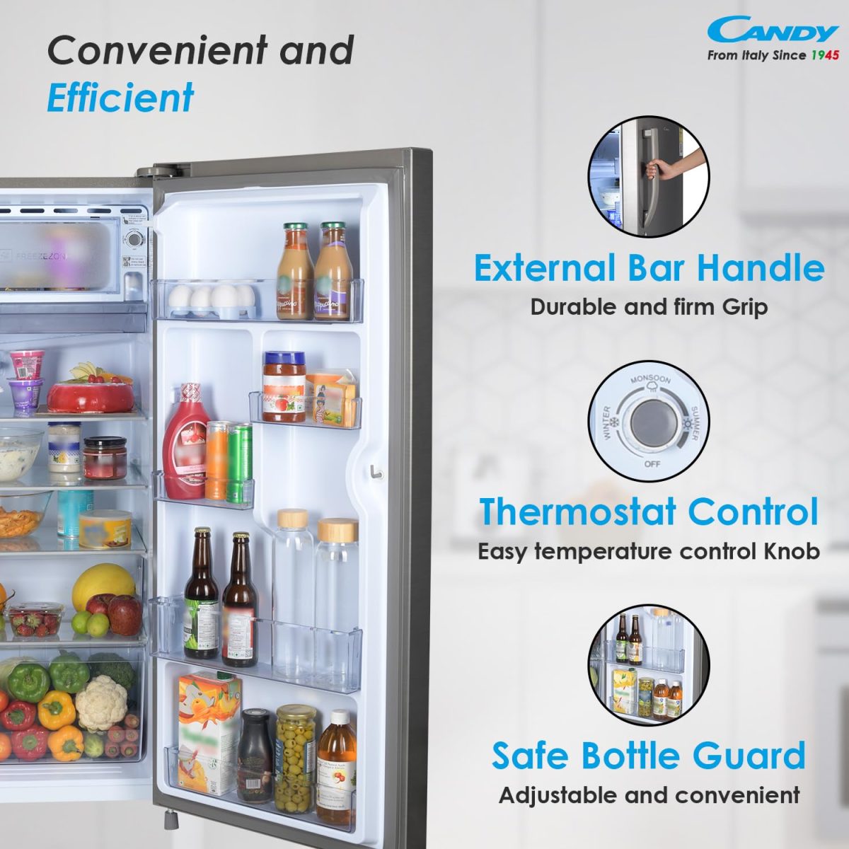 CANDY 190 L 4 Star Direct Cool Single Door Mettalic Finish with Toughened glass shelves & large Refrogerator (Brushline Silver, CSD2004SS) - Image 7