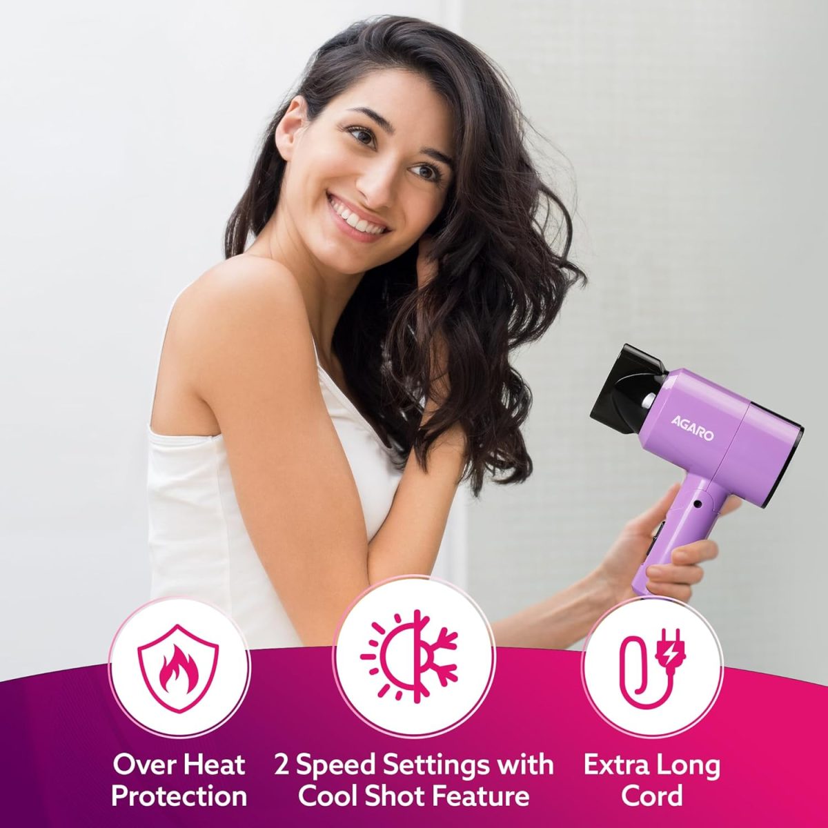AGARO HD-1211 Hair Dryer 1100 Watts, 2 Heat Speed and Cool Mode, Foldable (Compact in Size), Purple - Image 2