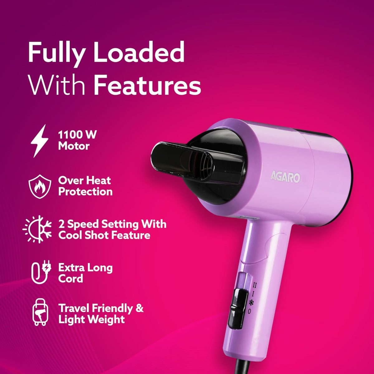 AGARO HD-1211 Hair Dryer 1100 Watts, 2 Heat Speed and Cool Mode, Foldable (Compact in Size), Purple - Image 5