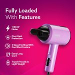 AGARO HD-1211 Hair Dryer 1100 Watts, 2 Heat Speed and Cool Mode, Foldable (Compact in Size), Purple - Image 5