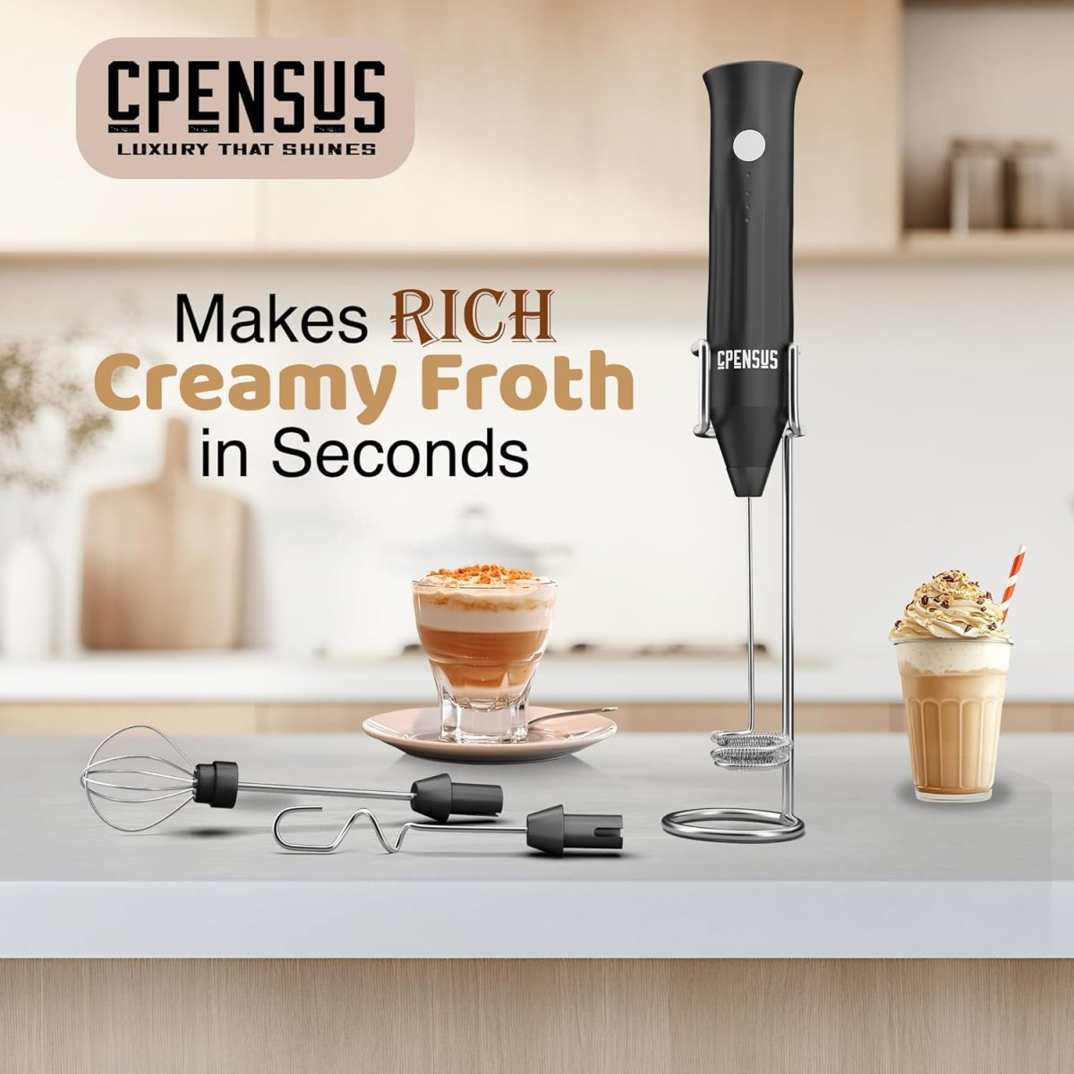 CPENSUS Coffee frother Electric with 3 Whisker & Stand 3-Speed Adjustable 1100mAh Battery Milk Blender Beater Handheld Foam Maker Mixer Gift 11000 RPM Lattes Cappuccino (4 in 1 Black) - Image 6