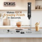 CPENSUS Coffee frother Electric with 3 Whisker & Stand 3-Speed Adjustable 1100mAh Battery Milk Blender Beater Handheld Foam Maker Mixer Gift 11000 RPM Lattes Cappuccino (4 in 1 Black) - Image 6
