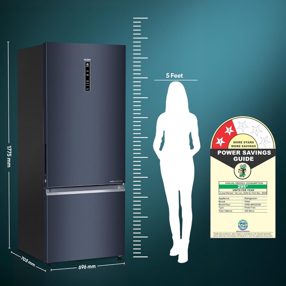 Haier 445 L, 2 Star, Convertible 14-in-1 Triple Inverter & Fan Motor Technology, with Display Frost Free, Bottom Mounted Double Door Refrigerator (HRB-4952BGK-P, Graphite Black) - Image 6