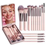 BS-MALL Travel Makeup Brush Set Foundation Powder Concealers Eye Shadows Makeup Set with LED light Mirror 14 Pcs Pink