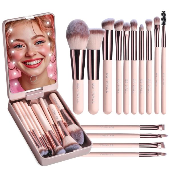 BS-MALL Travel Makeup Brush Set Foundation Powder Concealers Eye Shadows Makeup Set with LED light Mirror 14 Pcs Pink