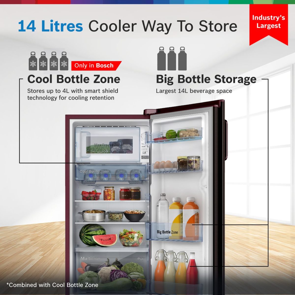 Bosch 187 L, 3 Star, Single Door Refrigerator with Industry's largest vegetable box* & largest Beverage space (CST18W33NI, Feather Wine) | 18 Hour Cooling Retention, 2.5x Faster Cooling - Image 5