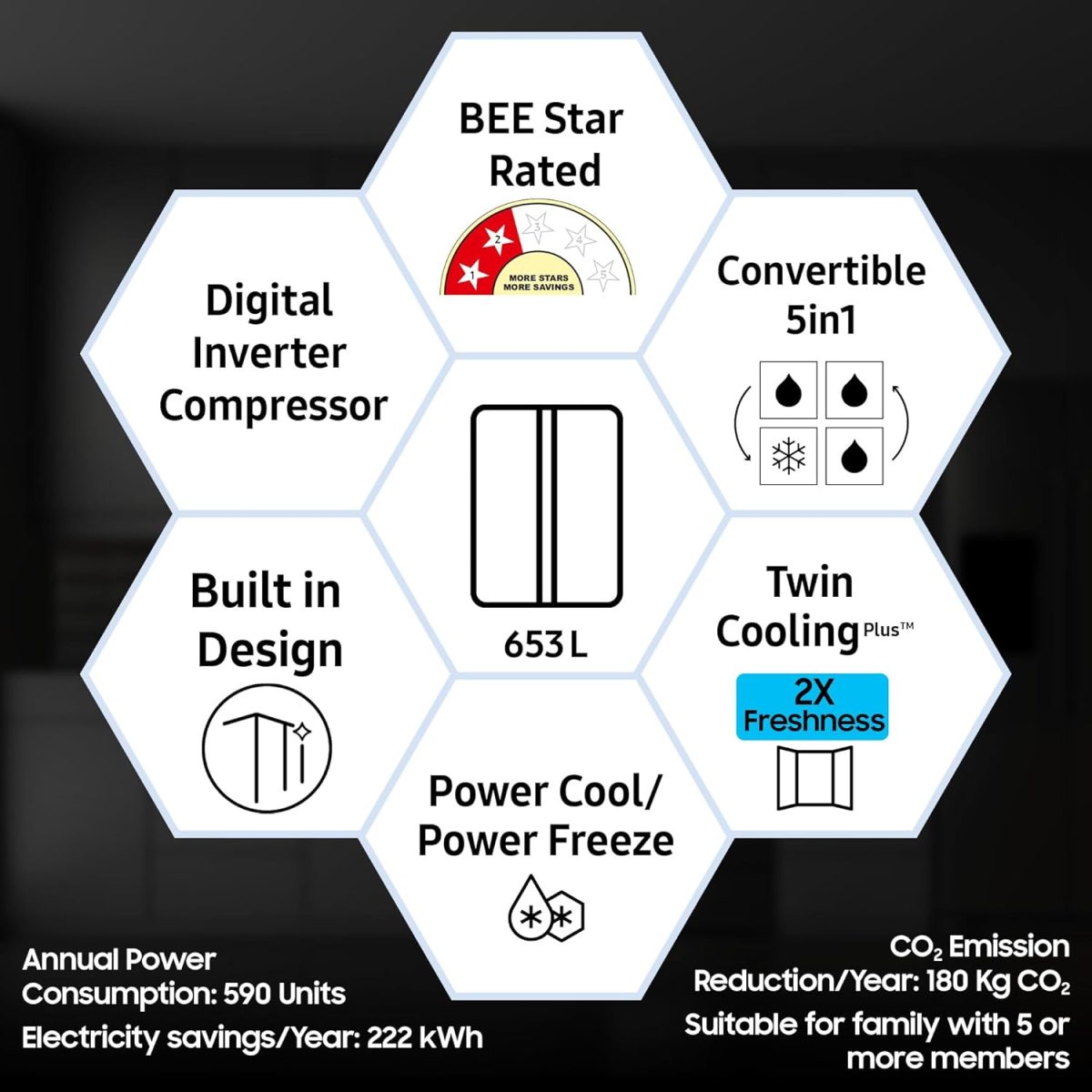 Samsung 653 L, 2 Star, Frost Free, Double Door, Convertible 5-in-1 Digital Inverter, Side By Side Refrigerator (RS76CG80X0S9HL, Silver, Refined Inox) - Image 2