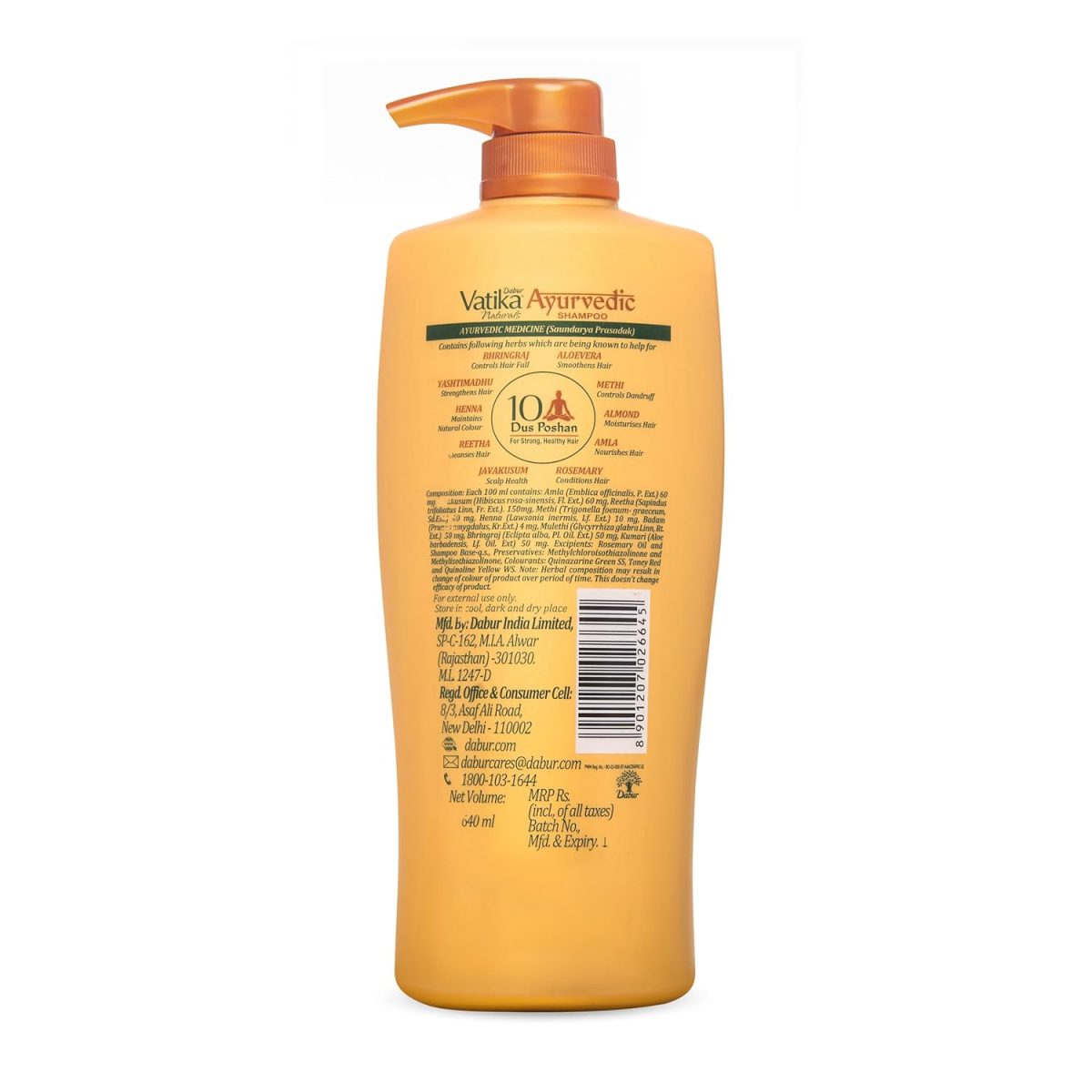 Dabur Vatika Ayurvedic Shampoo - 640ml | For Strong & Healthy Hair | No Parabens | For All Hair Types | Power of Dus Poshan for 10 Hair Problems - Image 6