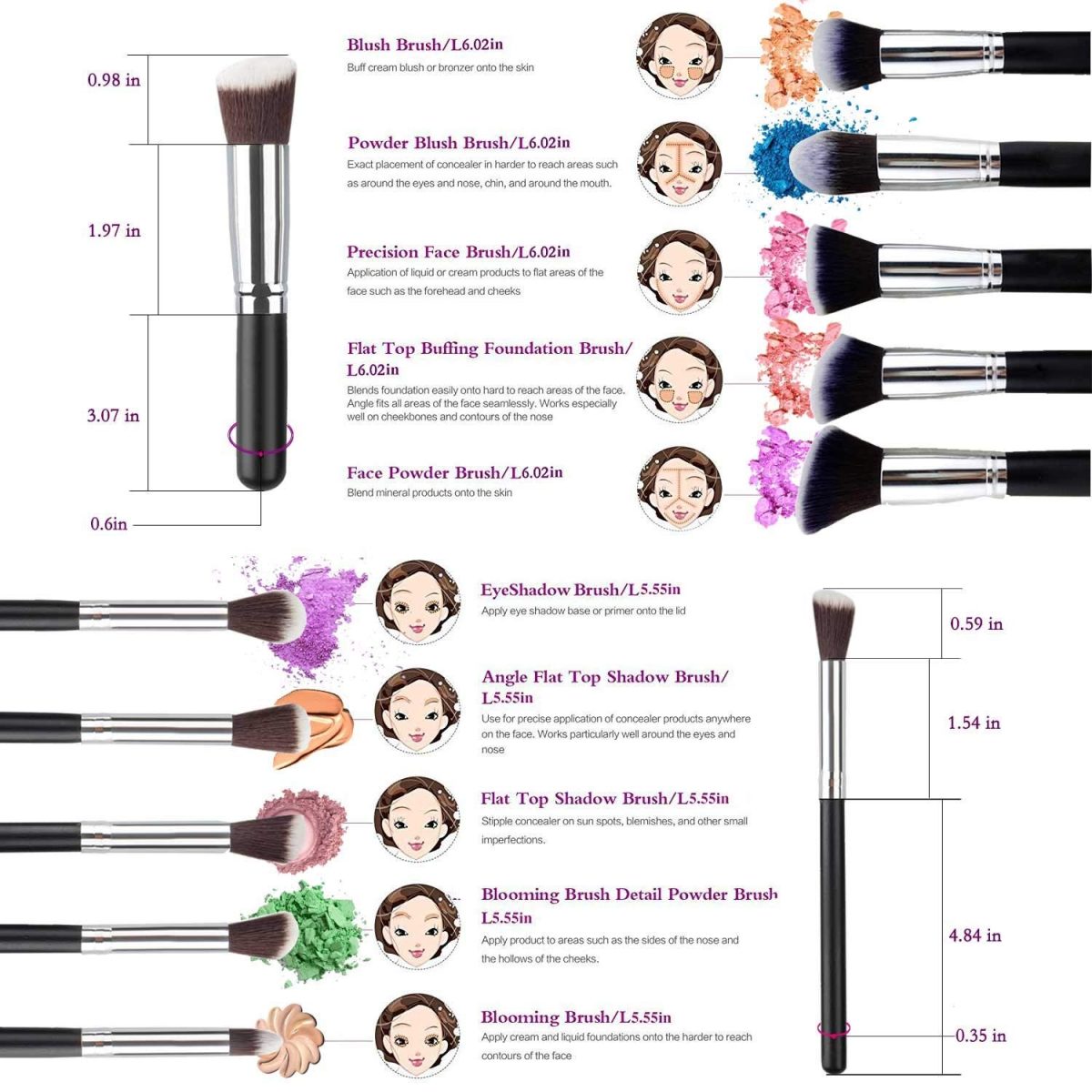 NAKEDPLUS Fiber Bristle Makeup Brushes Set - Black, 10 Piece Makeup Brush, 1 Pcs Makeup Sponge and 1 Pcs Makeup Brush Egg - Image 3