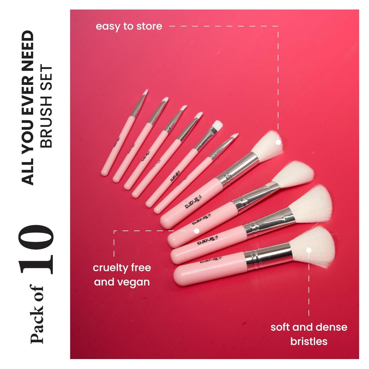 Minara Makeup Brush Set Of 10 With Easy To Carry Pouch (Pink) | Travel Size Cosmetic Brushes Kit For Face Foundation Brush Eyeshadow With Storage | Makeup Pouch For Women | - Image 2