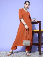 Varanga Women Rust Shirt Collar Neck A-Line Kurta Paired with Tonal Bottom – Elegant & Comfortable Ethnic Wear for Women - Image 6
