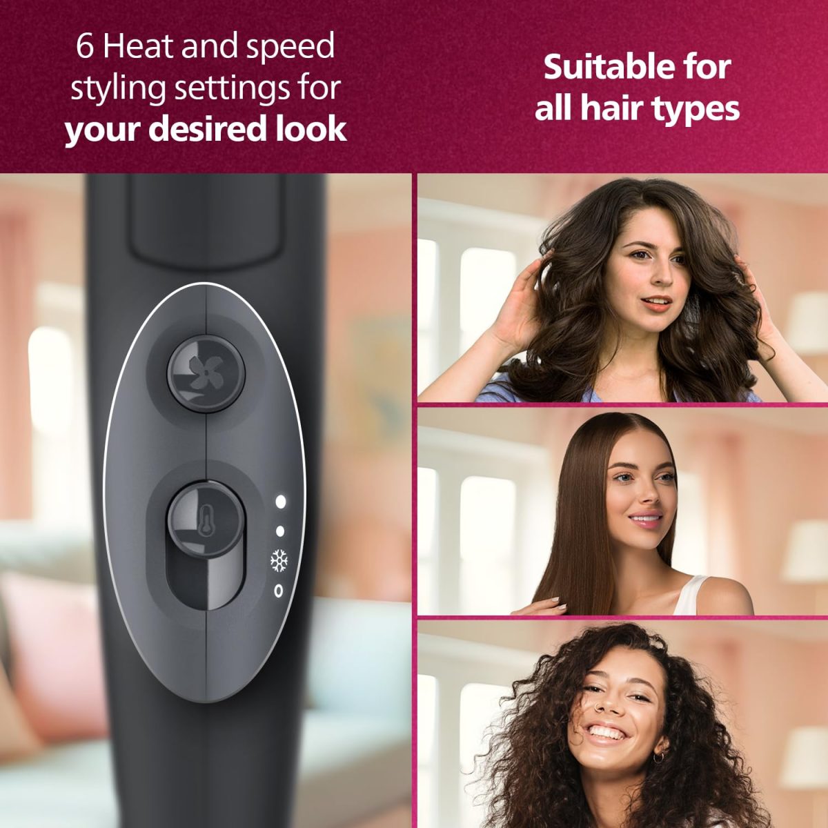 Philips Hair Dryer - Powerful drying with less heat I 6 Styling options for Salon like blowdryI 2100 WattsI for Minimised DamageI Styling attachment| Men and WomenI 2 Year Warranty BHD356/10, Black - Image 9
