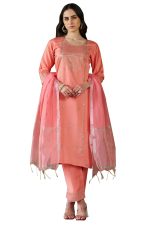 VredeVogel Women's Viscose Rayon Embroidered Kurta with Pant & Chanderi Silk Dupatta Set