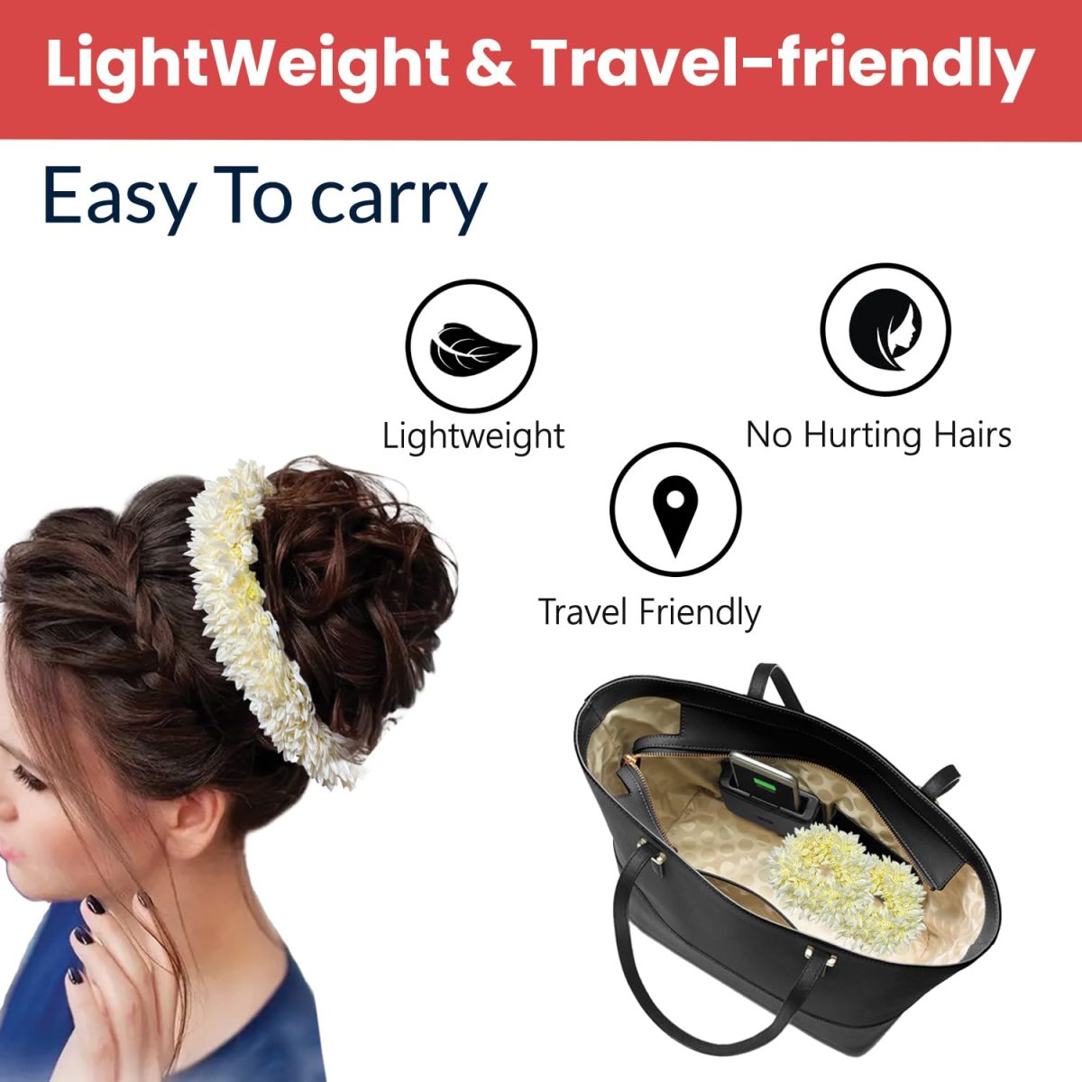 Temperia (2 Pcs) Scented Mogra Gajra Hair Accessories For Women & Girls - Hair Flower Bun Artificial Fake Gajra Scrunchies Rubber Band - Premium & Voluminous, White - Image 8