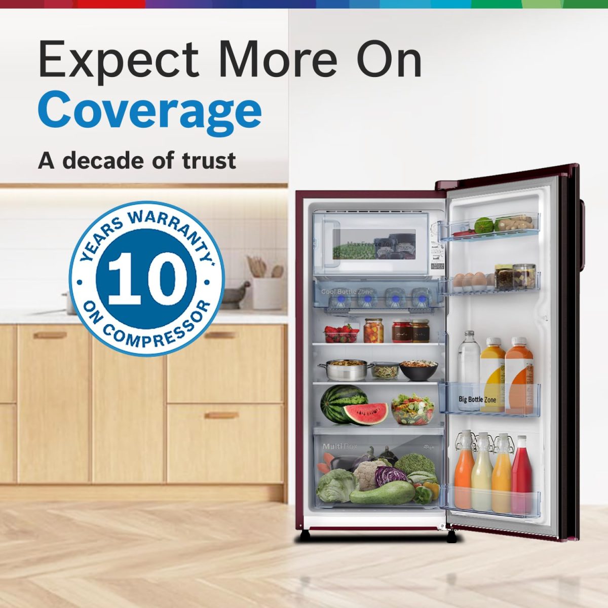 Bosch 187 L, 3 Star, Single Door Refrigerator with Industry's largest vegetable box* & largest Beverage space (CST18W33NI, Feather Wine) | 18 Hour Cooling Retention, 2.5x Faster Cooling - Image 12