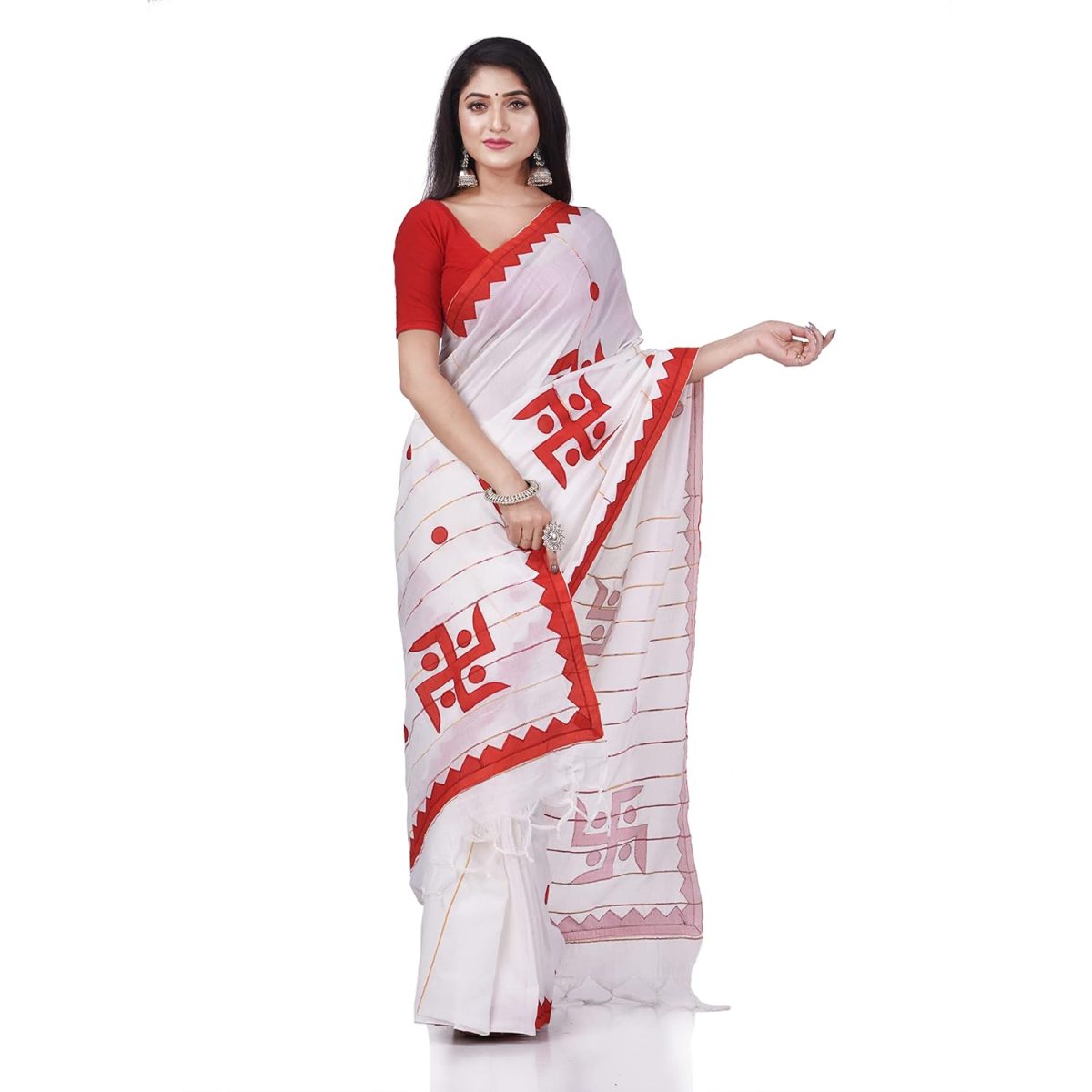 dB DESH BIDESH Women`s Bengali Khesh Pure Cotton Handloom Saree Swastik Designed With Blouse Piece