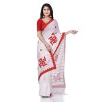 dB DESH BIDESH Women`s Bengali Khesh Pure Cotton Handloom Saree Swastik Designed With Blouse Piece