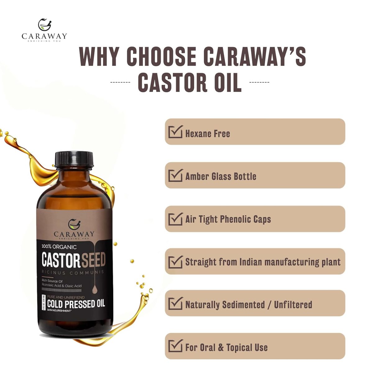 CARAWAY Organic Cold Pressed Castor Oil – Edible for Constipation Relief & Hexane-Free Castor Oil for Hair Growth, liver detox Skin & Joint pain glass bottle – 236 ml / 8 oz - Image 4