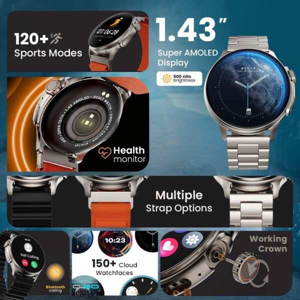 Boult Crown R Pro Smart Watch 1.43''HD AMOLED, Bluetooth Calling, Working Crown, Zinc Alloy Frame, 600 Nits Brightness, AI Voice Assistant, SpO2 Monitoring, 120+ Sports Mode (Jet Black)