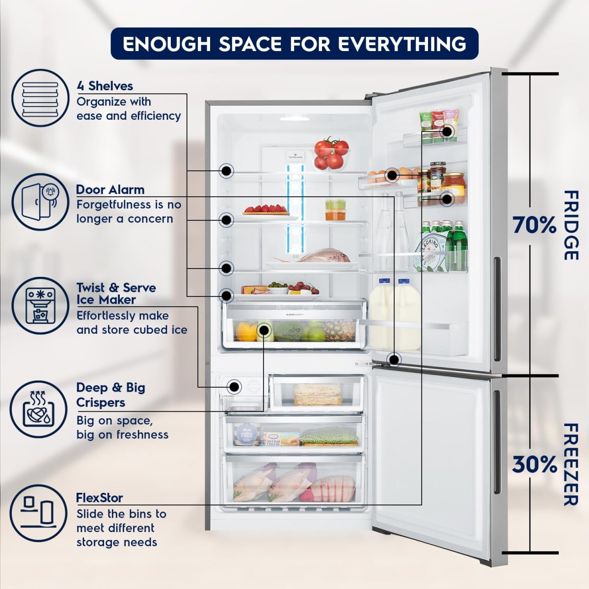 Electrolux 453L Frost Free Inverter Double Door Refrigerator, Bottom Freezer, TasteLockAuto & TasteGuard Technology, Stainless Steel, UltimateTaste 500, EBE4502C-S - Image 3