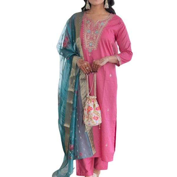 Naixa Women's Viscose Silk Embroidered Straight Kurta with Pant and Dupatta Sets (Available in Plus Size) (NX-657)