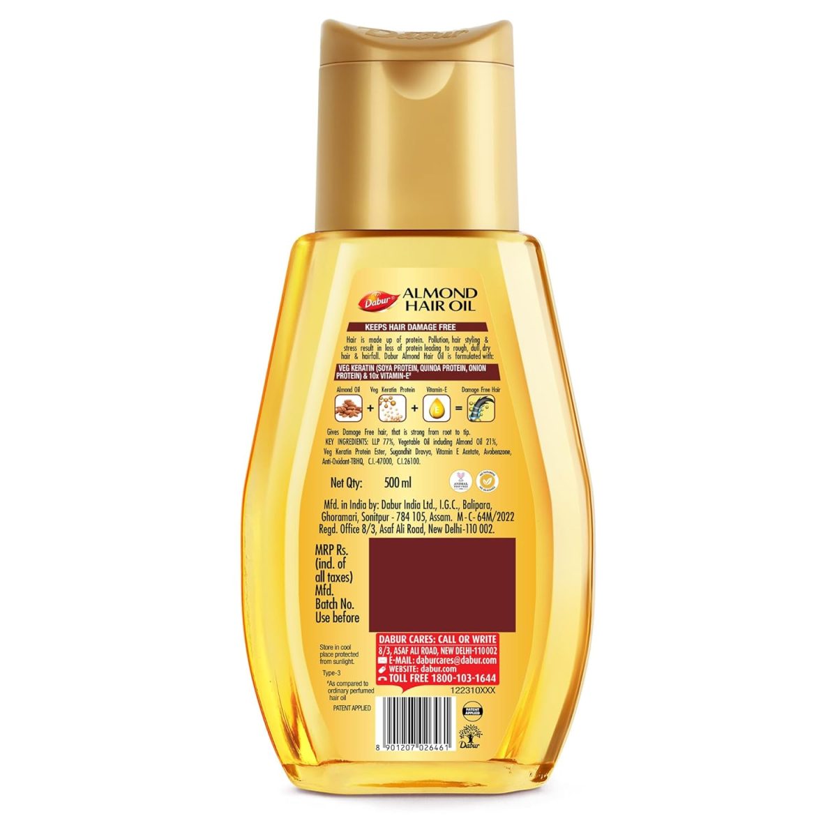 Dabur Almond Hair Oil - 500ml | Provides Damage Protection | Non Sticky Formula | For Soft & Shiny Hair | With Almonds, Keratin Protein, Soya Protein & 10X Vitamin E - Image 2
