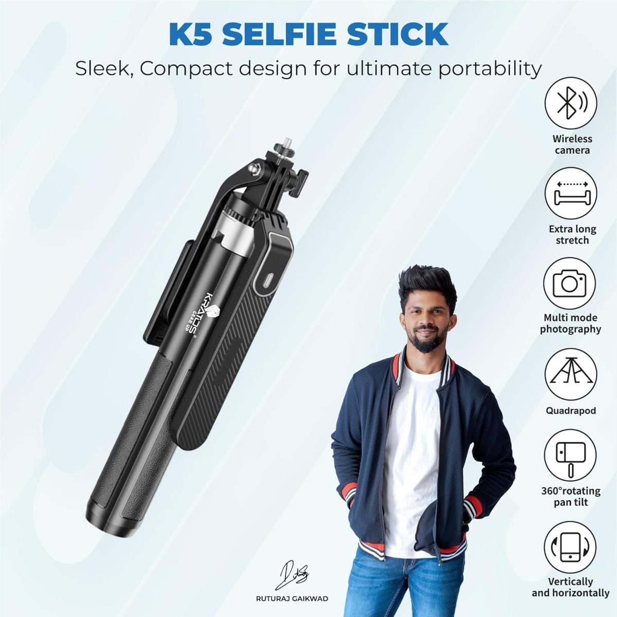 Kratos K5 Selfie Stick Tripod with Balance Handle, 64 inch & Stable 4 Leg Design,Recharable BT Remote, Long Tripod Stand for 360° Rotation Panoramic Shoot, Made for Phones,Ring Light, Gopro,Camera - Image 2