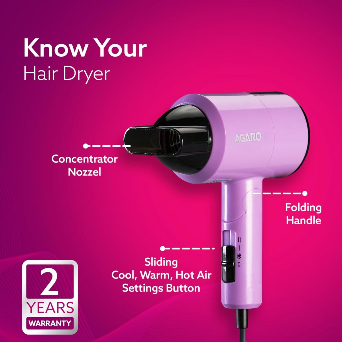 AGARO HD-1211 Hair Dryer 1100 Watts, 2 Heat Speed and Cool Mode, Foldable (Compact in Size), Purple - Image 4