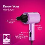 AGARO HD-1211 Hair Dryer 1100 Watts, 2 Heat Speed and Cool Mode, Foldable (Compact in Size), Purple - Image 4