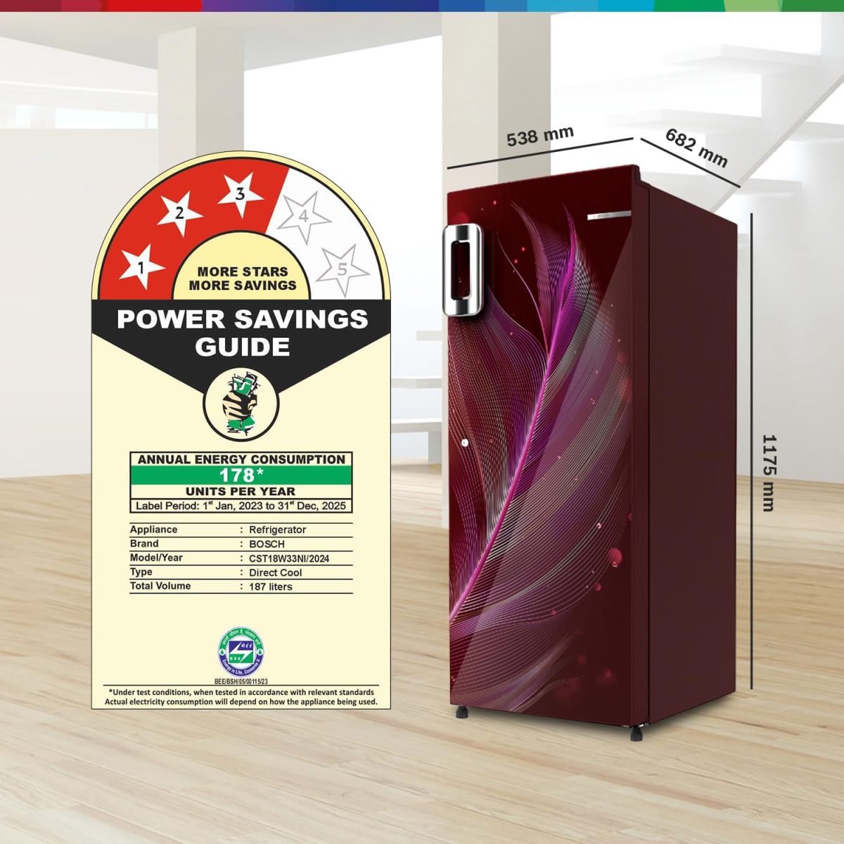 Bosch 187 L, 3 Star, Single Door Refrigerator with Industry's largest vegetable box* & largest Beverage space (CST18W33NI, Feather Wine) | 18 Hour Cooling Retention, 2.5x Faster Cooling - Image 2
