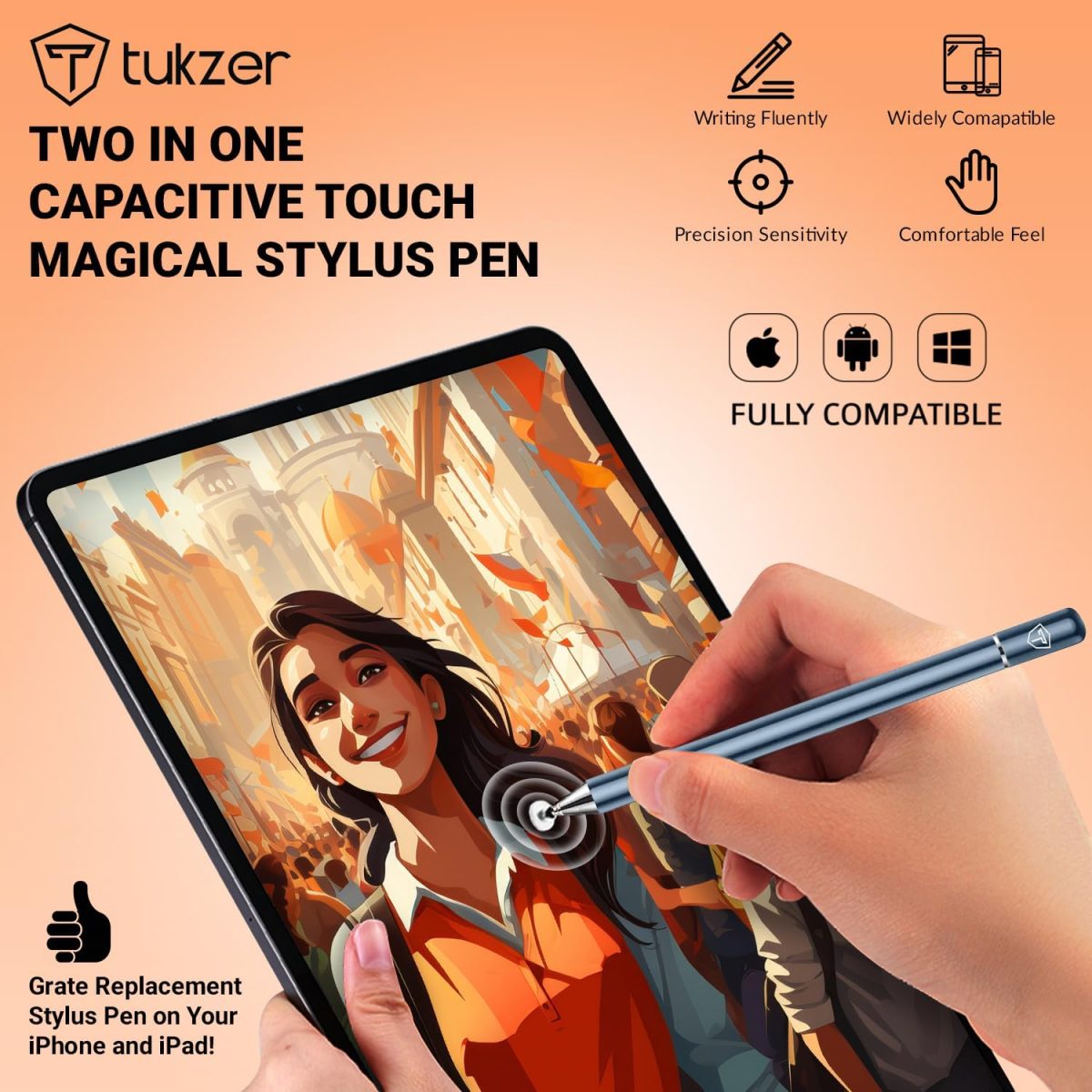 Tukzer Universal Stylus Pen for Smartphone/Tablet/iPad/Pro/Air/iPhone/iOS/Android/All Touch Screens Devices| Fine Point Disc Tip, Lightweight Aluminum Body Magnetic Cap Drawing Writing (Grey) - Image 3