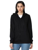 Wafaa Women's Cotton Plain Hooded Neck Full Zipper Sweatshirt Hoodies with Kangaroo Pocket