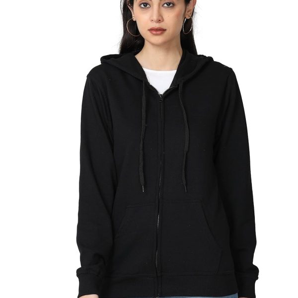 Wafaa Women's Cotton Plain Hooded Neck Full Zipper Sweatshirt Hoodies with Kangaroo Pocket