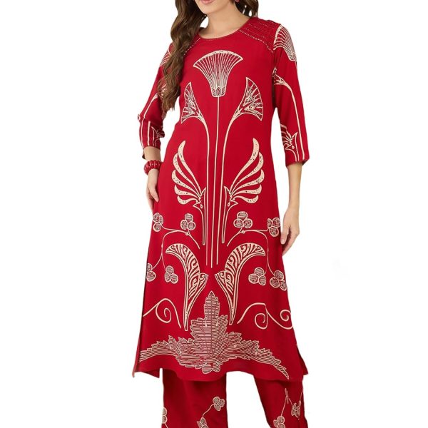 INDO ERA Women's Straight Viscose Rayon Ethnic Motifs Printed Kurta & Palazzo Set (IESTR10489)