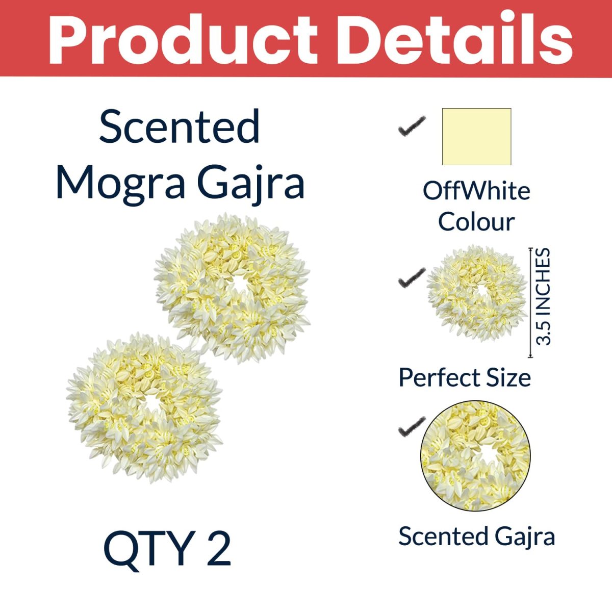 Temperia (2 Pcs) Scented Mogra Gajra Hair Accessories For Women & Girls - Hair Flower Bun Artificial Fake Gajra Scrunchies Rubber Band - Premium & Voluminous, White - Image 2