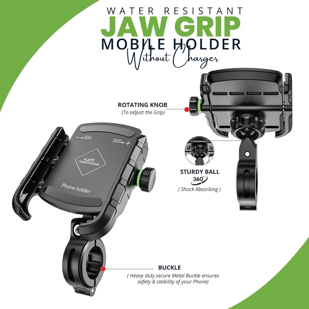 GRAND PITSTOP Mobile Holder for Bikes | (Black - Jaw Grip 360° Rotation) | Aluminium Phone Mount for Motorcycle, Bicycle, Scooter | GPS Navigation Support | Anti-Slip Clamp | Sturdy Build - Image 2