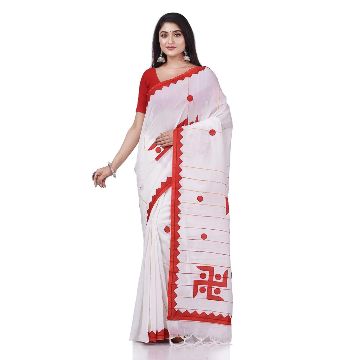 dB DESH BIDESH Women`s Bengali Khesh Pure Cotton Handloom Saree Swastik Designed With Blouse Piece - Image 5