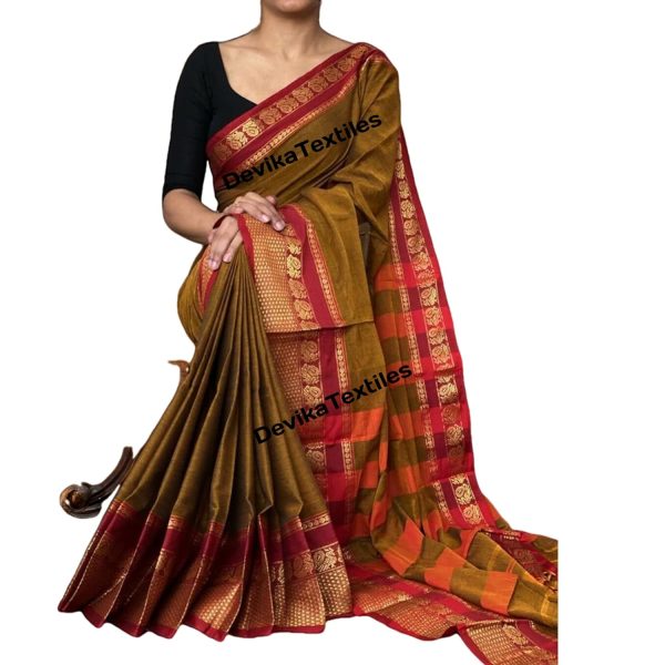 Narayanpet Pure Cotton Saree With Running Blouse piece For womens (Khaki)