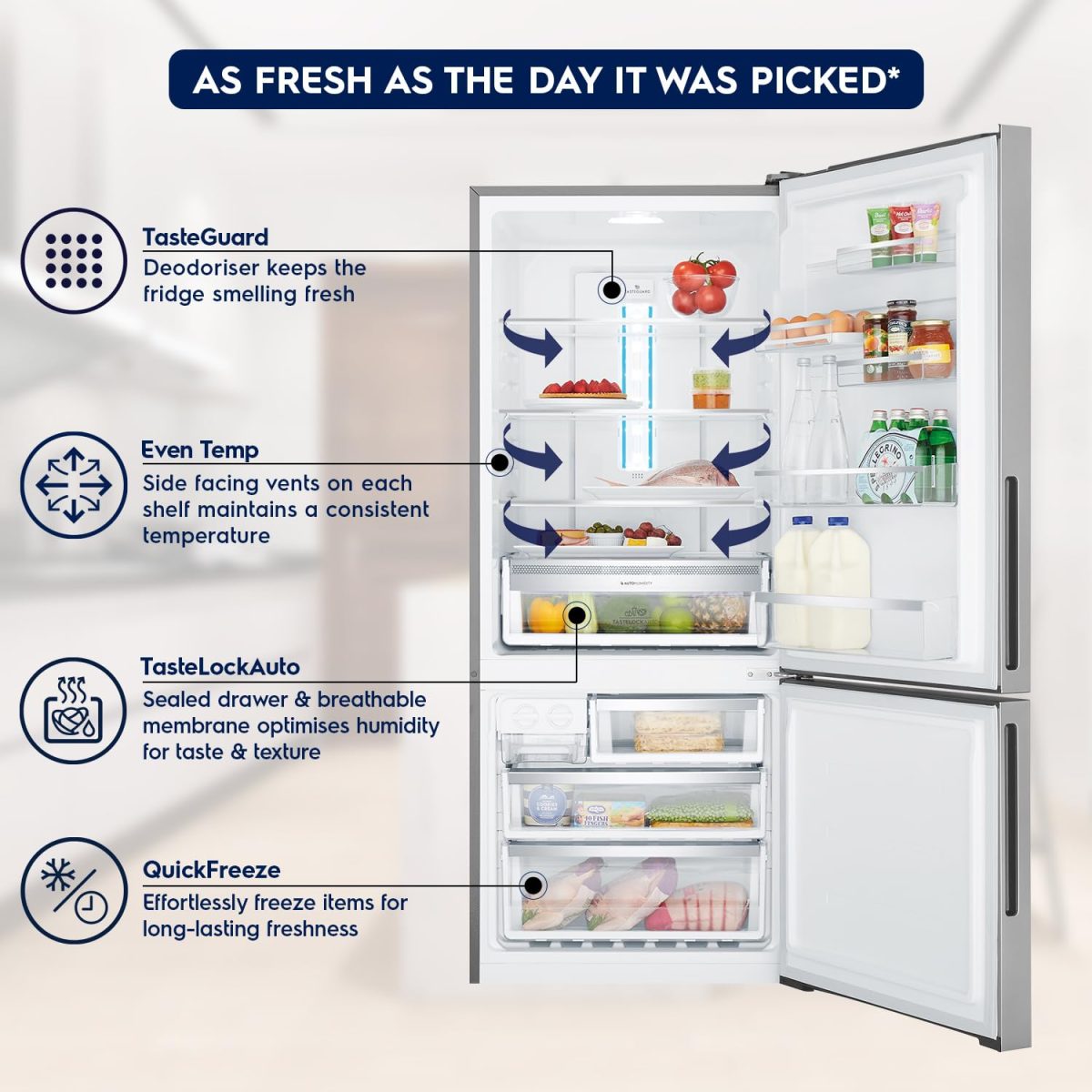 Electrolux 453L Frost Free Inverter Double Door Refrigerator, Bottom Freezer, TasteLockAuto & TasteGuard Technology, Stainless Steel, UltimateTaste 500, EBE4502C-S - Image 2