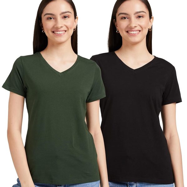 Amazon Brand - Symbol Women's Cotton V-Neck T-Shirt (Pack of 2)