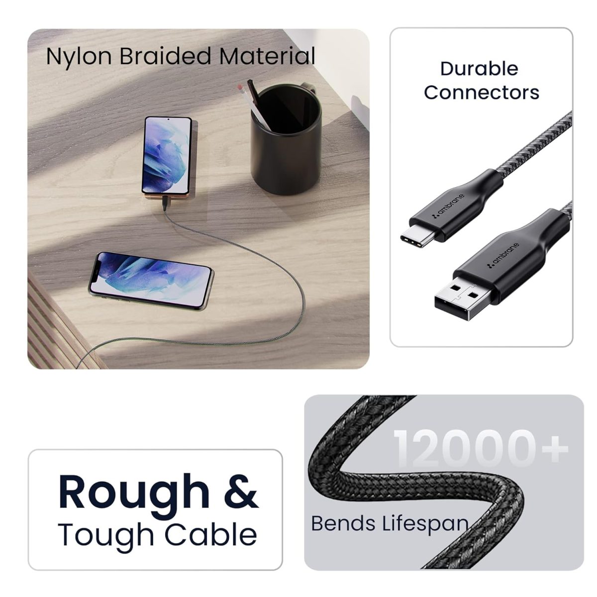 Ambrane Braided Type C Cable (Pack Of 2) Unbreakable 3A Fast Charging 1.5M For Smartphones,Tablets,Laptops & Other Type C Devices,Pd Technology,480Mbps Data Sync,Quick Charge 3.0 (Rct-15 Combo)-Black - Image 4