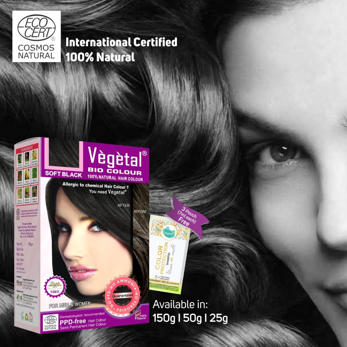 Vegetal Bio Hair Colour Soft Black | 150g | Achieve Natural, Ammonia-Free Hair Color | PPD-Free, 100% Herbal Certified Organic for Men and Women | UV Protection and Luster Maintenance | Complete Kit - Image 2