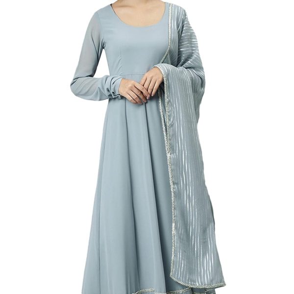 Janasya Women's Grey Poly Georgette Solid Kurta with Dupatta