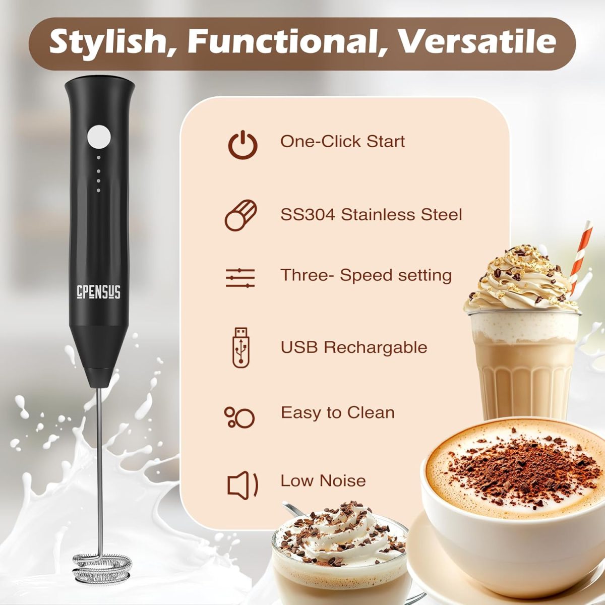 CPENSUS Coffee frother Electric with 3 Whisker & Stand 3-Speed Adjustable 1100mAh Battery Milk Blender Beater Handheld Foam Maker Mixer Gift 11000 RPM Lattes Cappuccino (4 in 1 Black) - Image 5