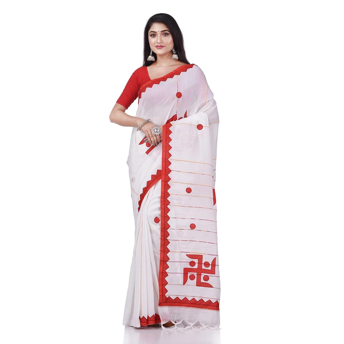 dB DESH BIDESH Women`s Bengali Khesh Pure Cotton Handloom Saree Swastik Designed With Blouse Piece - Image 6