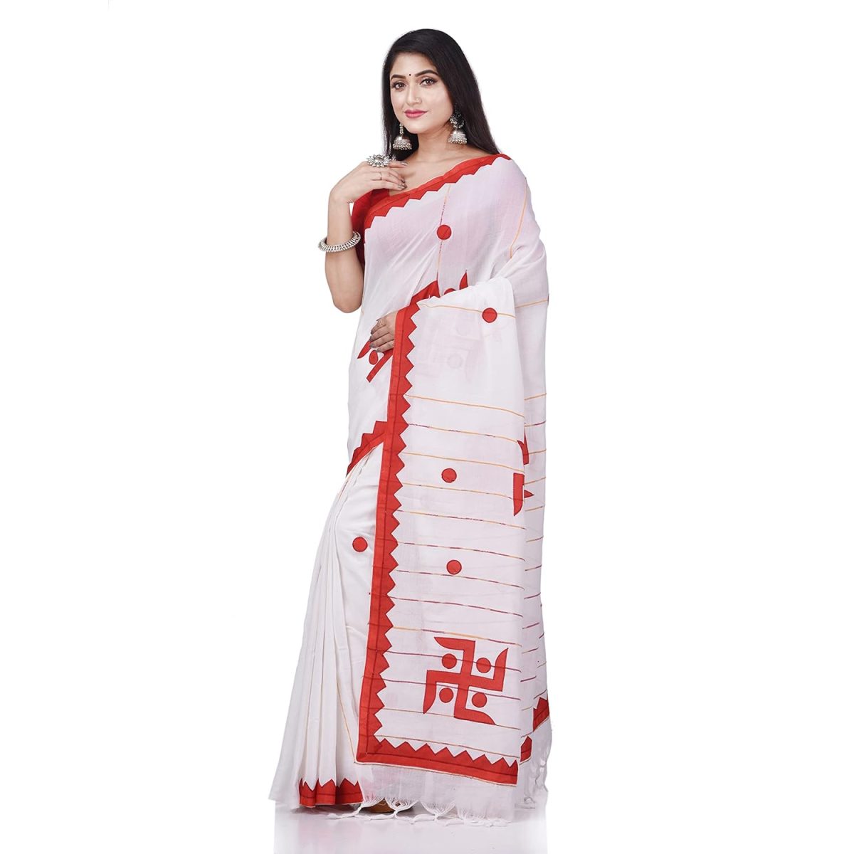 dB DESH BIDESH Women`s Bengali Khesh Pure Cotton Handloom Saree Swastik Designed With Blouse Piece - Image 3